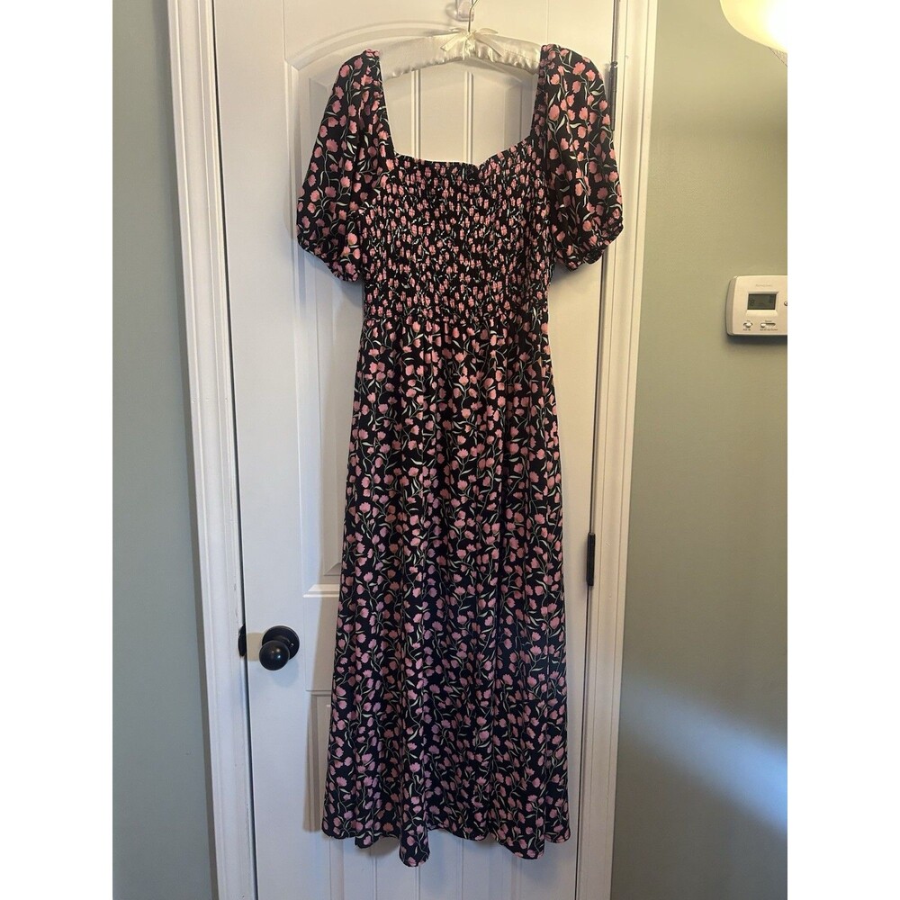 BTFBM Floral Smocked Cottagecore Maxi Dress Puff Sleeve Black Pink Large - Picture 3 of 12